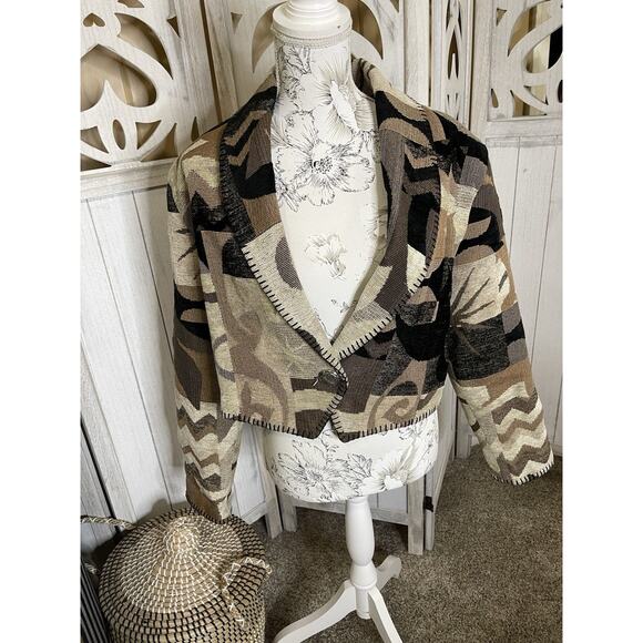RHONDA STARK Blanket Jacket Southwestern Print Coat Cropped Brown Size Large - Picture 1 of 6